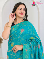 Firozi Pure Crape Chinon saree with Banarasi Khaddi Work Mina Jaal close up detailing