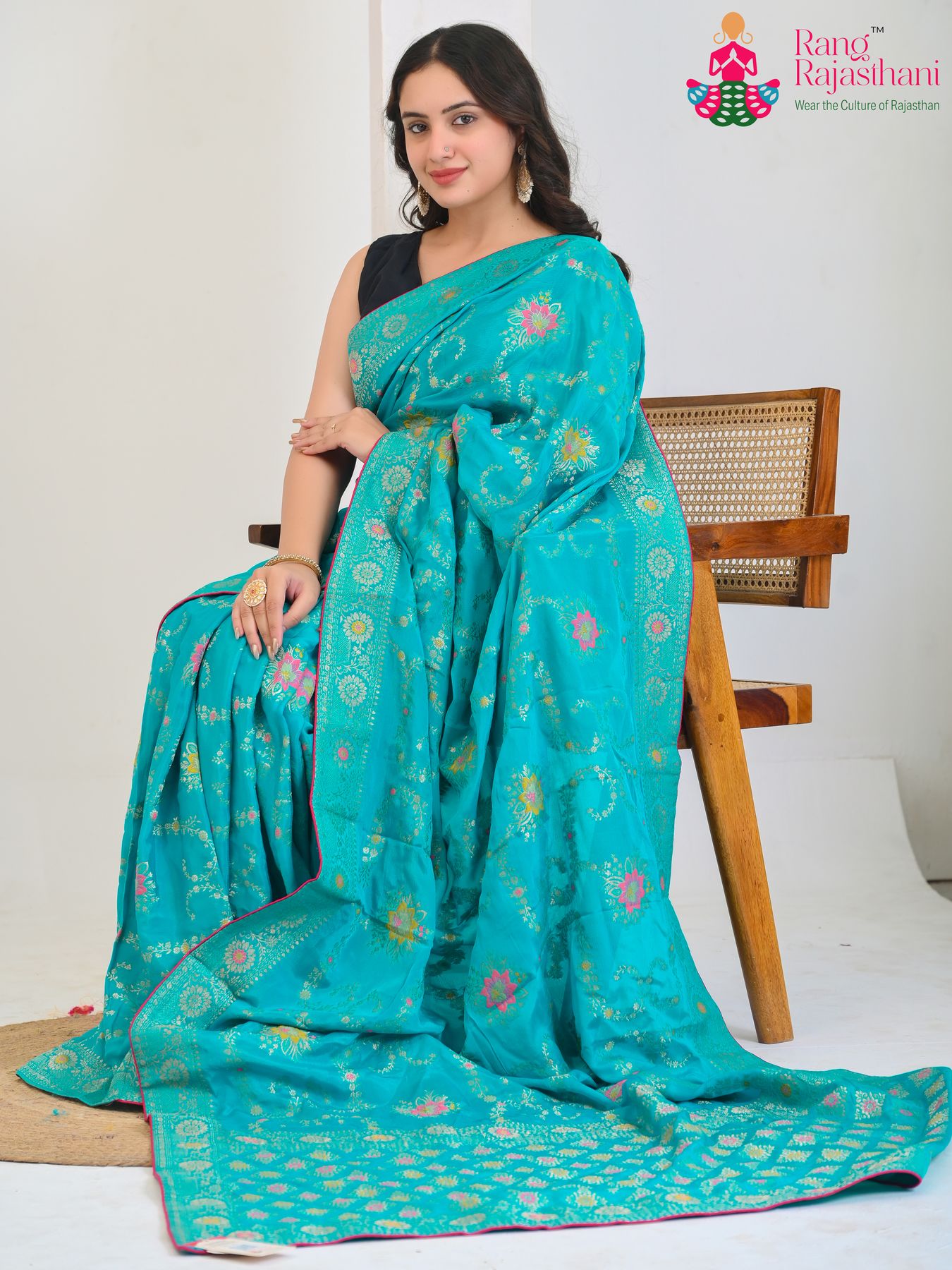 Firozi Pure Crape Chinon Rangoli Royale Saree : Indo-Royal Vibe