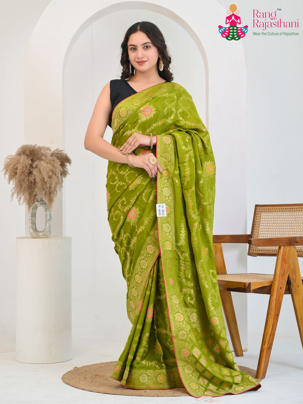 Mehendi Pure Crape Chinon Wedding saree with Banarasi Khaddi Work Mina Jaal from Rang Rajasthani
