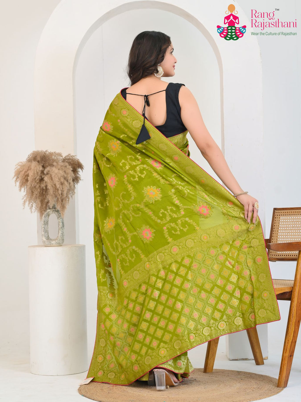 Mehendi Pure Crape Chinon saree with Banarasi Khaddi Work Mina Jaal back view