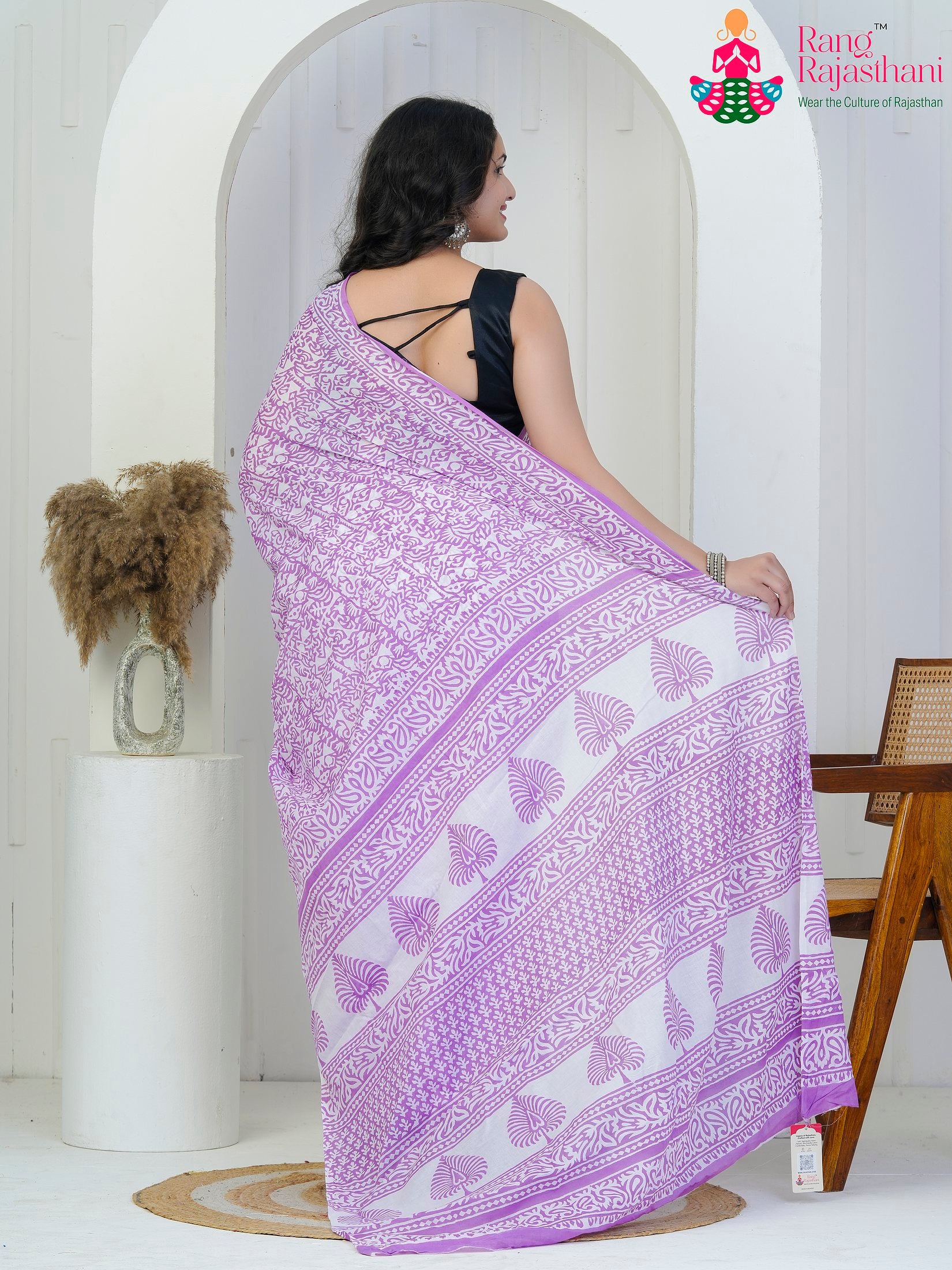 Lavender Cotton saree with Printed back view