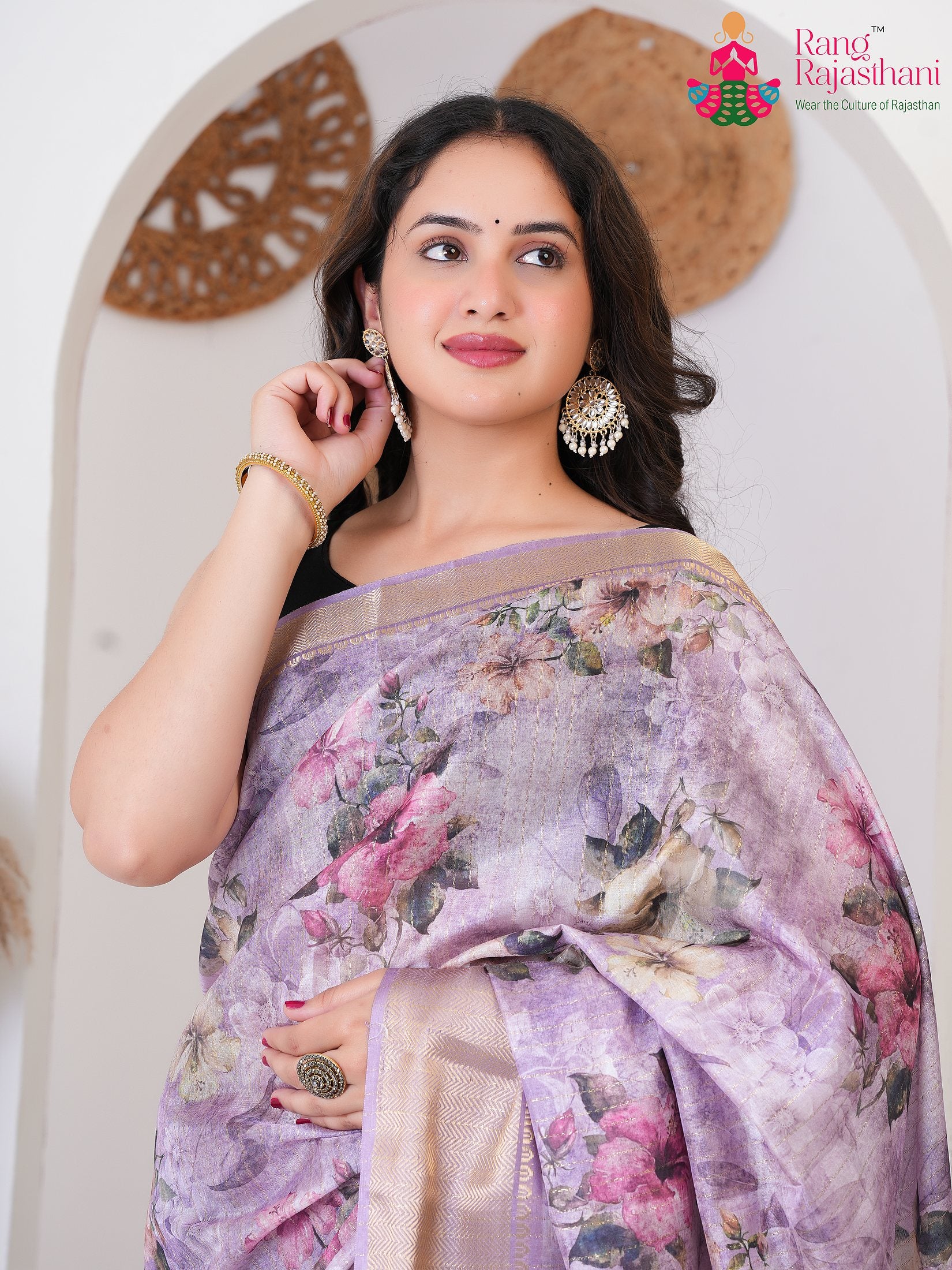 Lavender SyntheticSilk saree with Printed close up detailing
