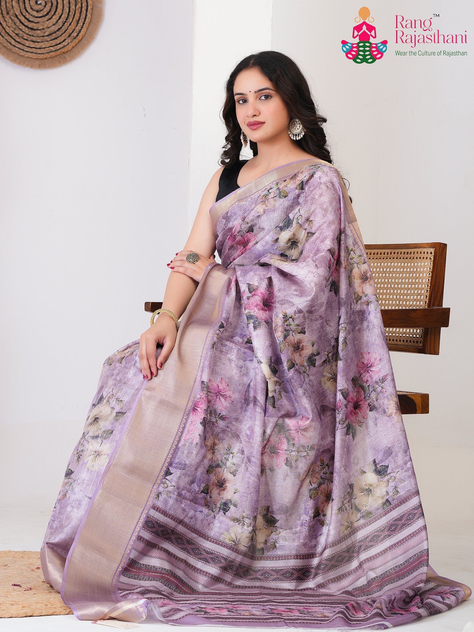 Lavender SyntheticSilk saree with Printed pallu detailing