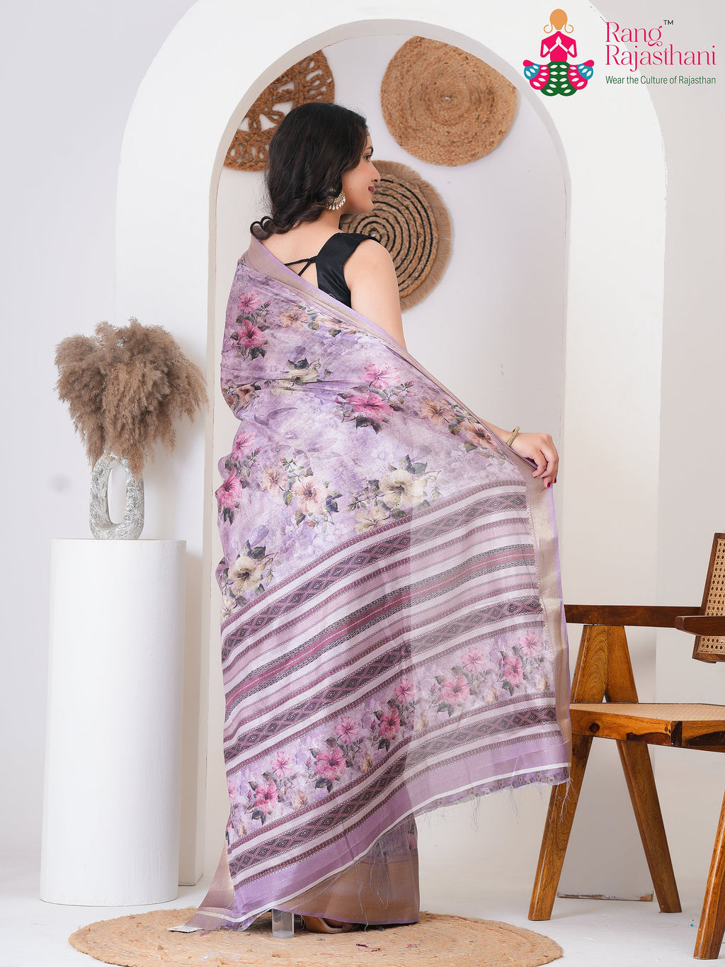 Lavender SyntheticSilk saree with Printed back view