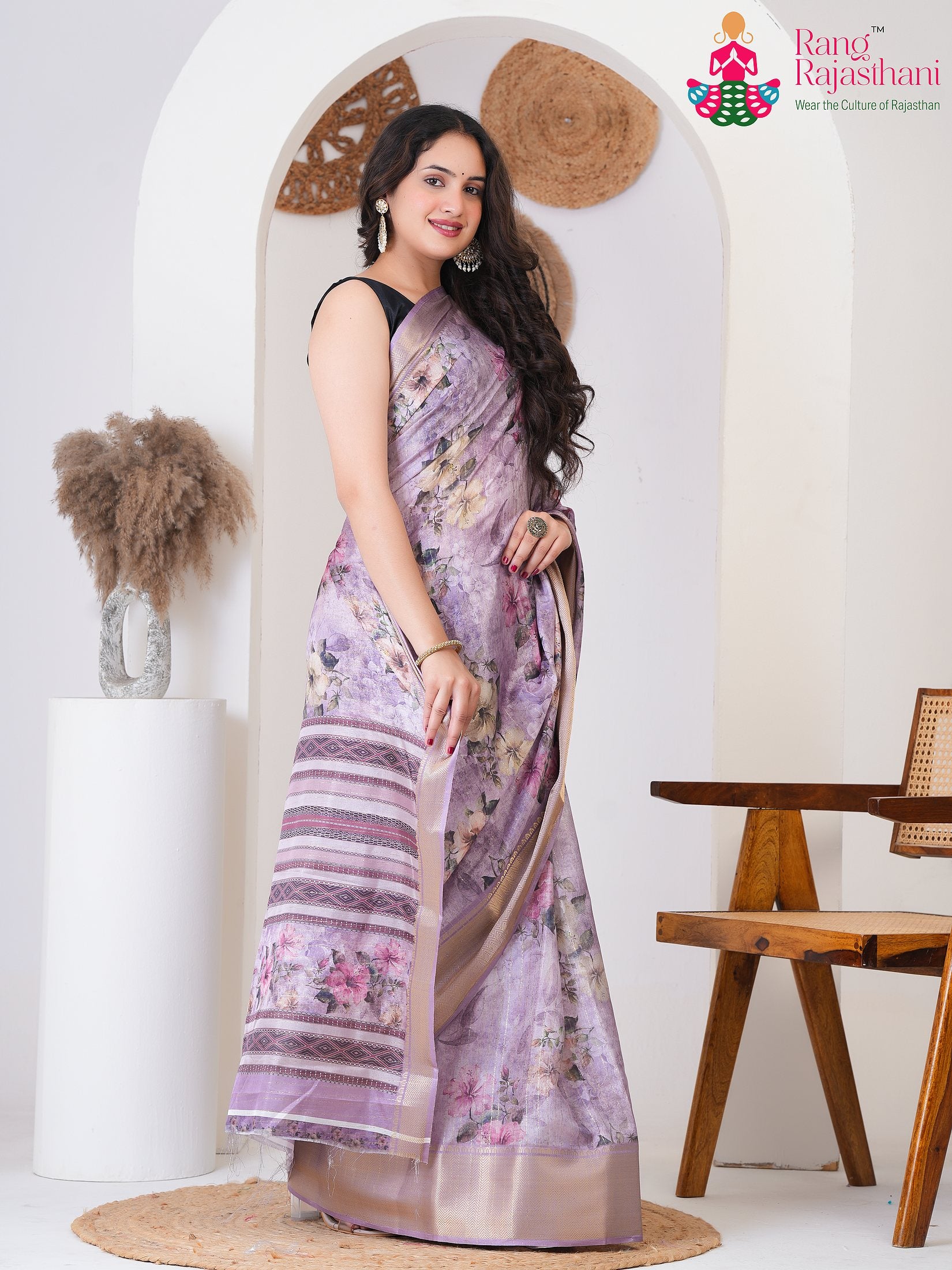 Lavender SyntheticSilk saree with Printed side drape view
