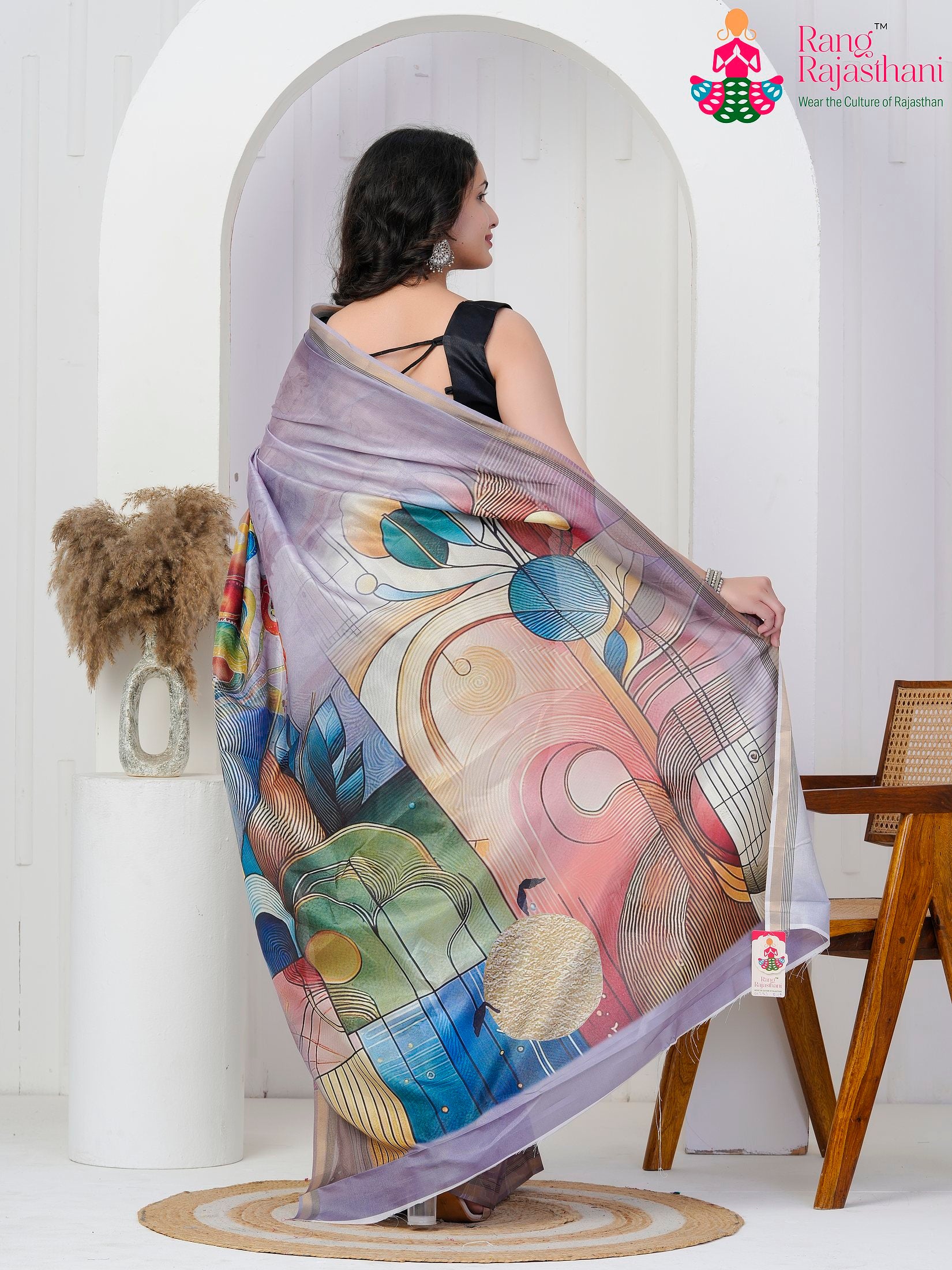 Lavender Imported saree with Printed back view