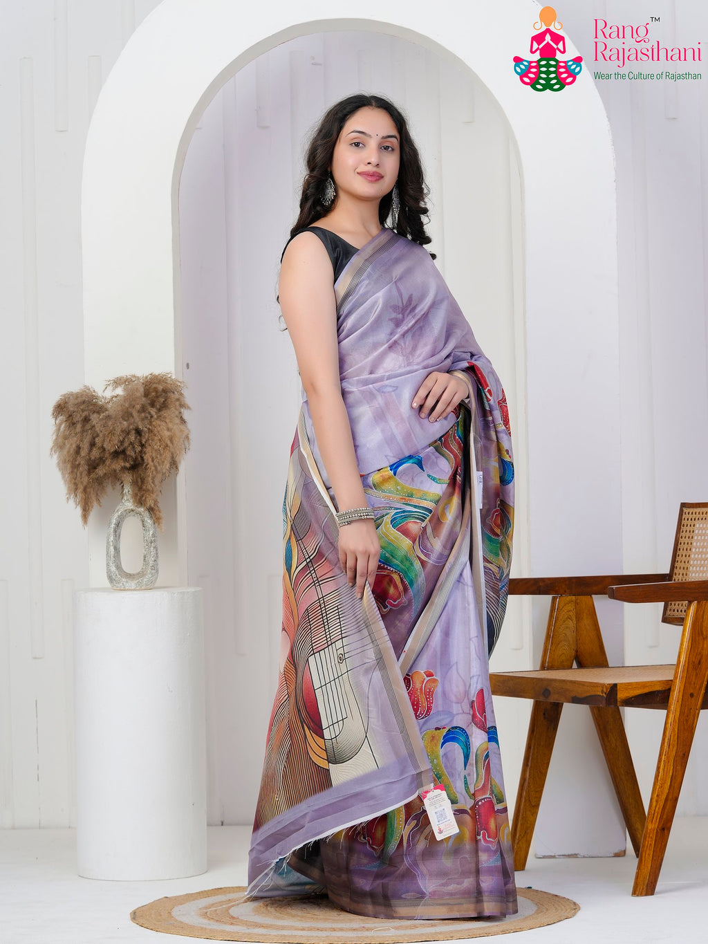 Lavender Imported saree with Printed side drape view