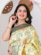 Yellow SyntheticSilk saree with BanarasiZari close up detailing