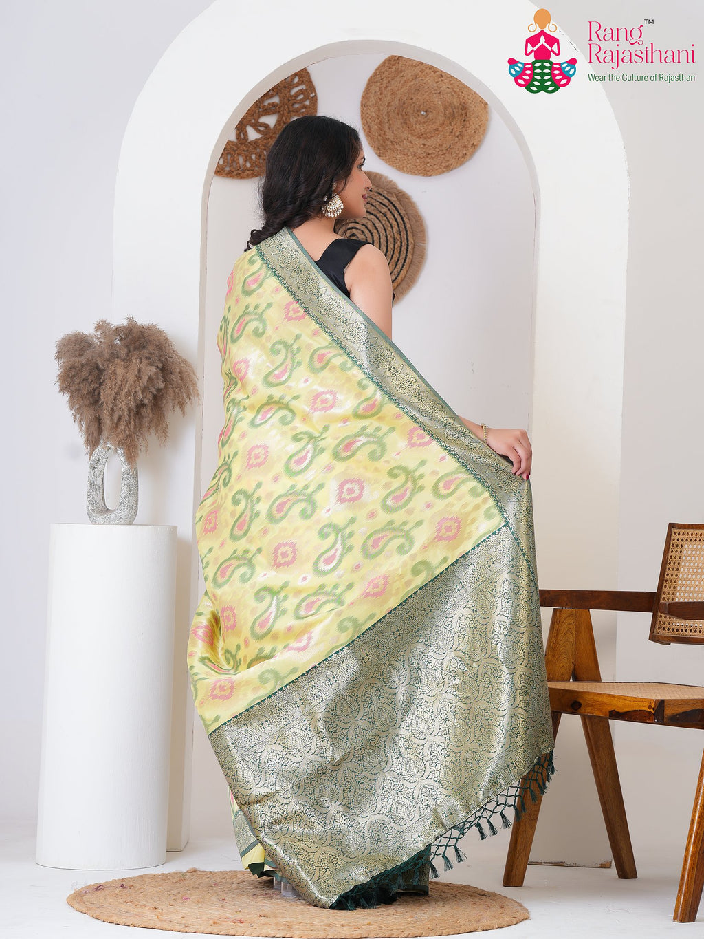 Yellow SyntheticSilk saree with BanarasiZari back view