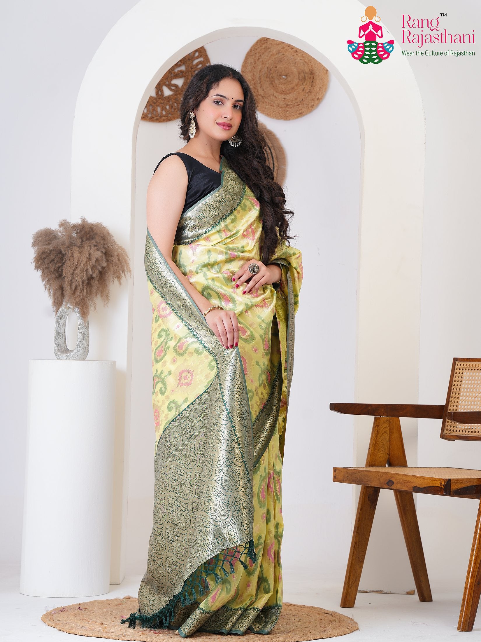 Yellow SyntheticSilk saree with BanarasiZari side drape view