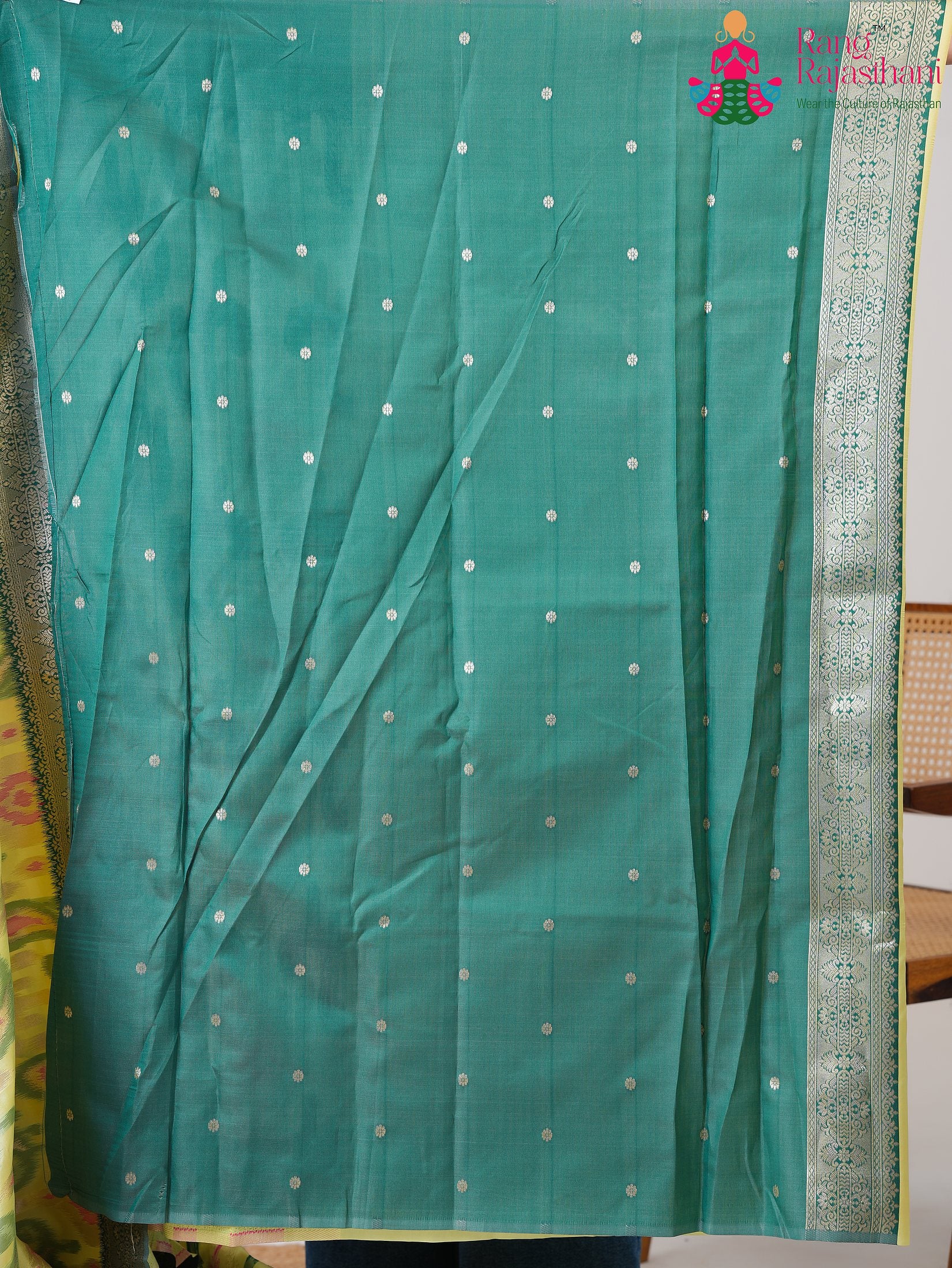 Yellow SyntheticSilk saree with BanarasiZari pleats view