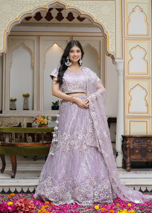 Purple Net Sequin Lehenga Chunni for Wedding Reception | Authentic Weave