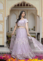 Levender Net saree with Sequence back view