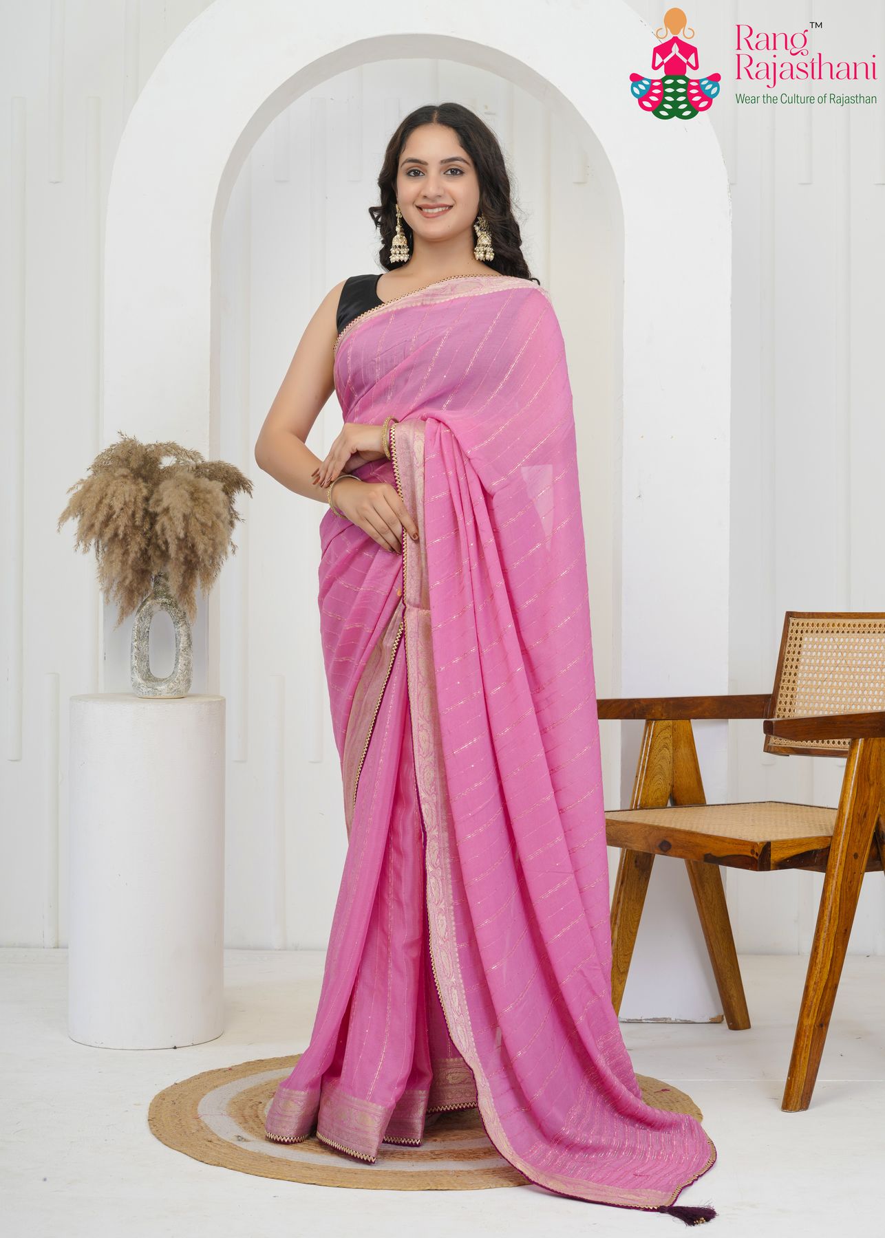 Breathable Pink Chinnon Saree - Party Ready