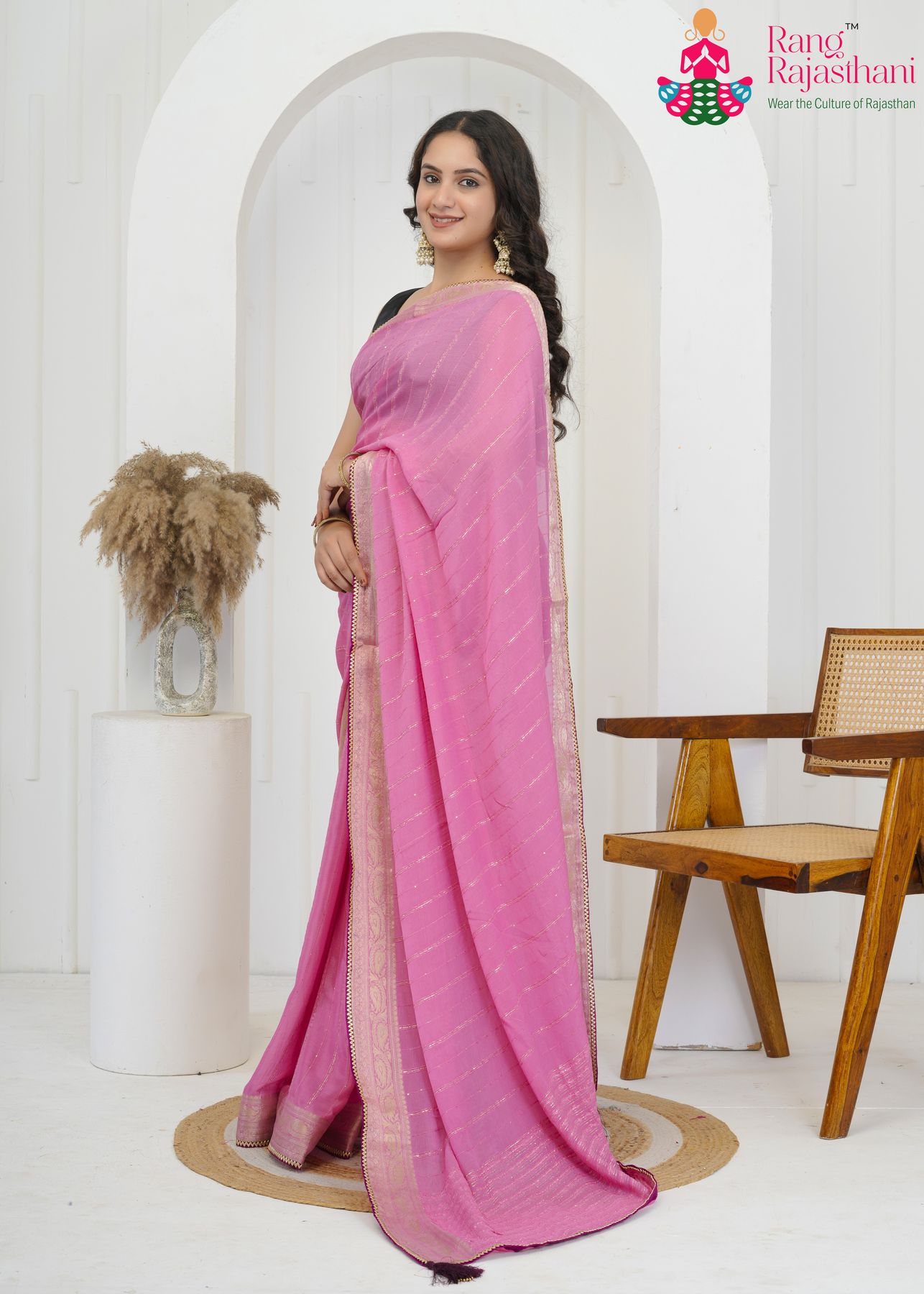 Breathable Pink Chinnon Saree - Party Ready