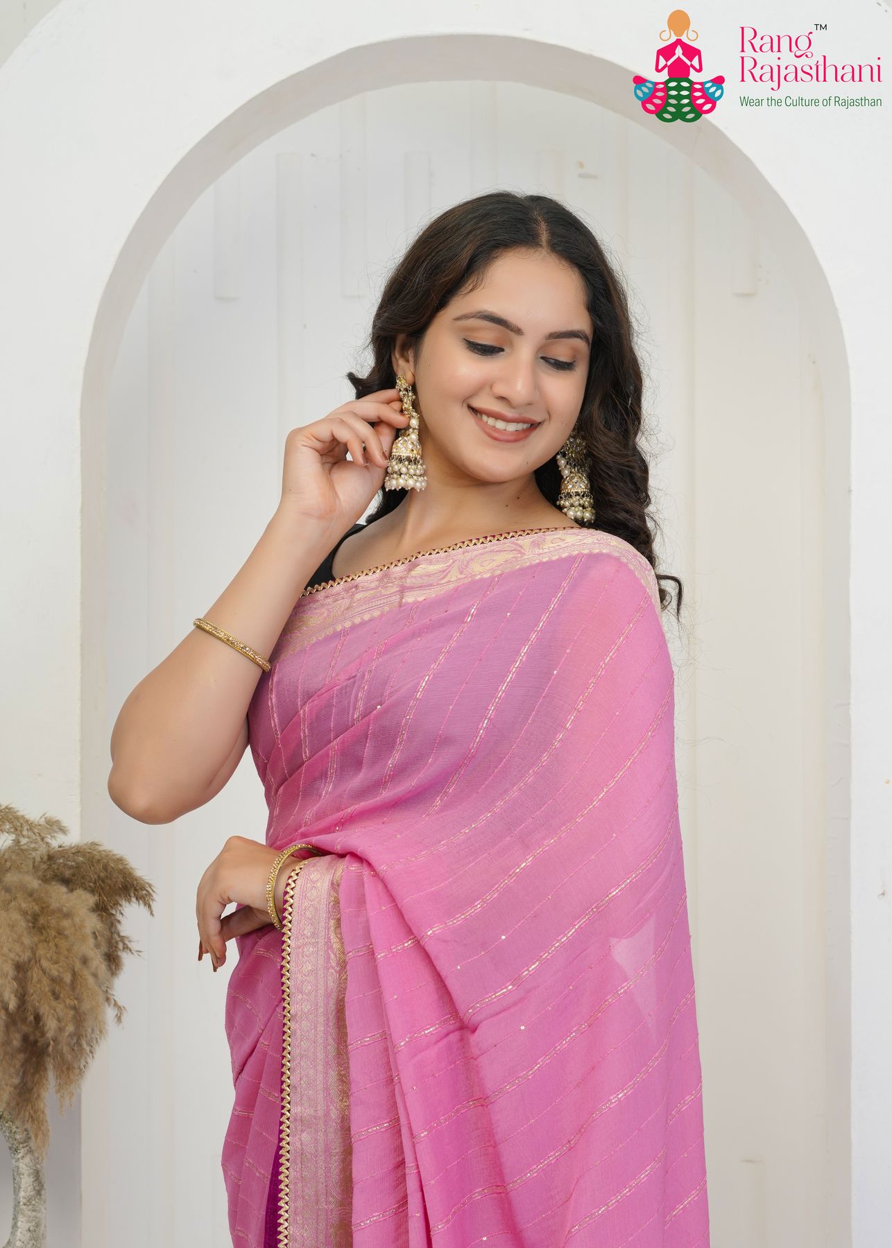 Breathable Pink Chinnon Saree - Party Ready