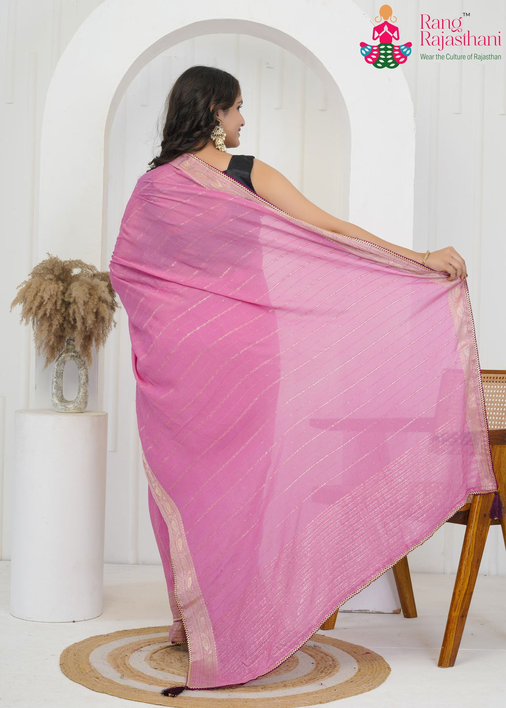 Breathable Pink Chinnon Saree - Party Ready