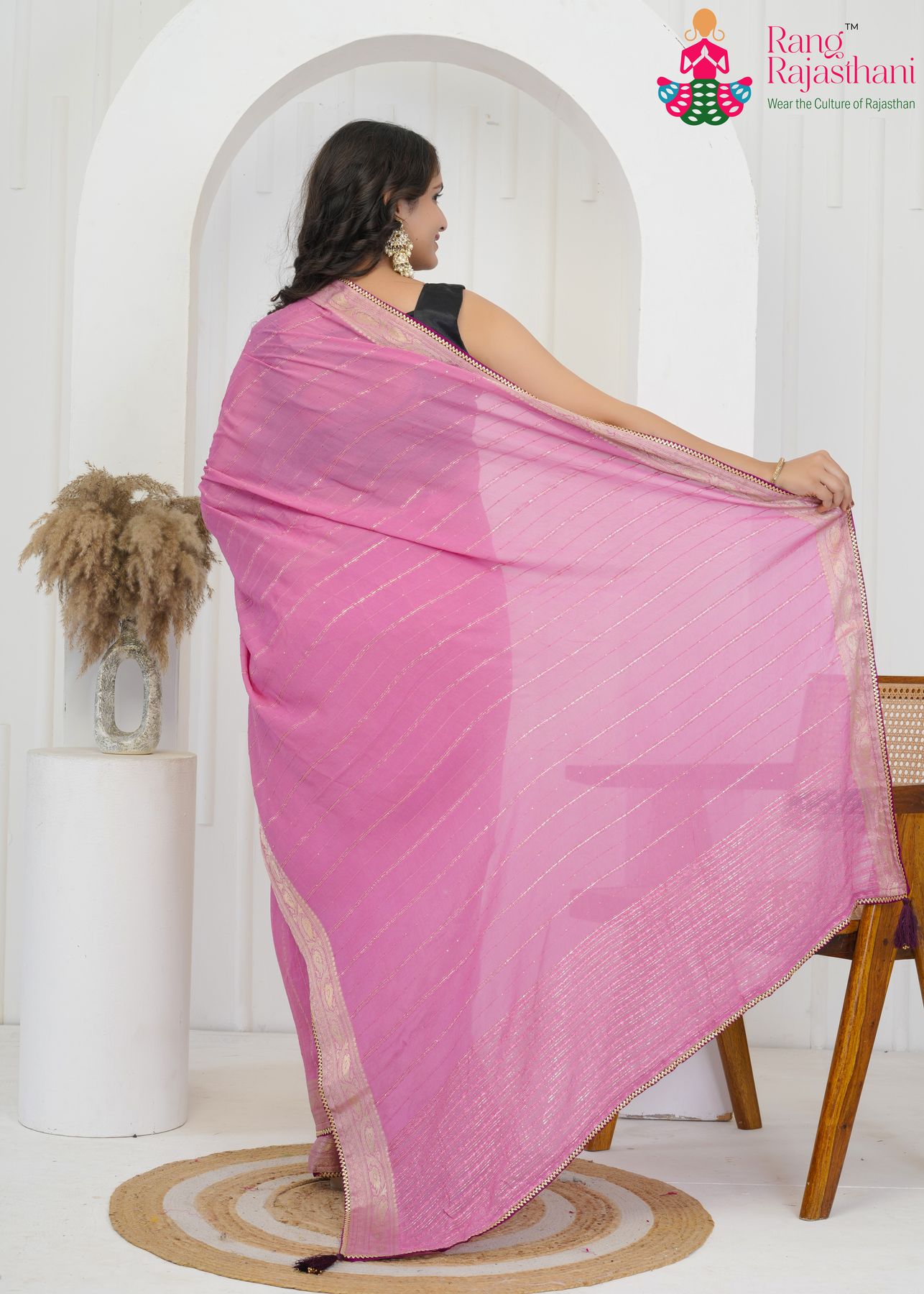 Breathable Pink Chinnon Saree - Party Ready