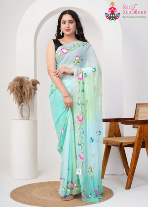Firozi Pure Chiffon Brush Print Saree for Festive Celebration | New Season