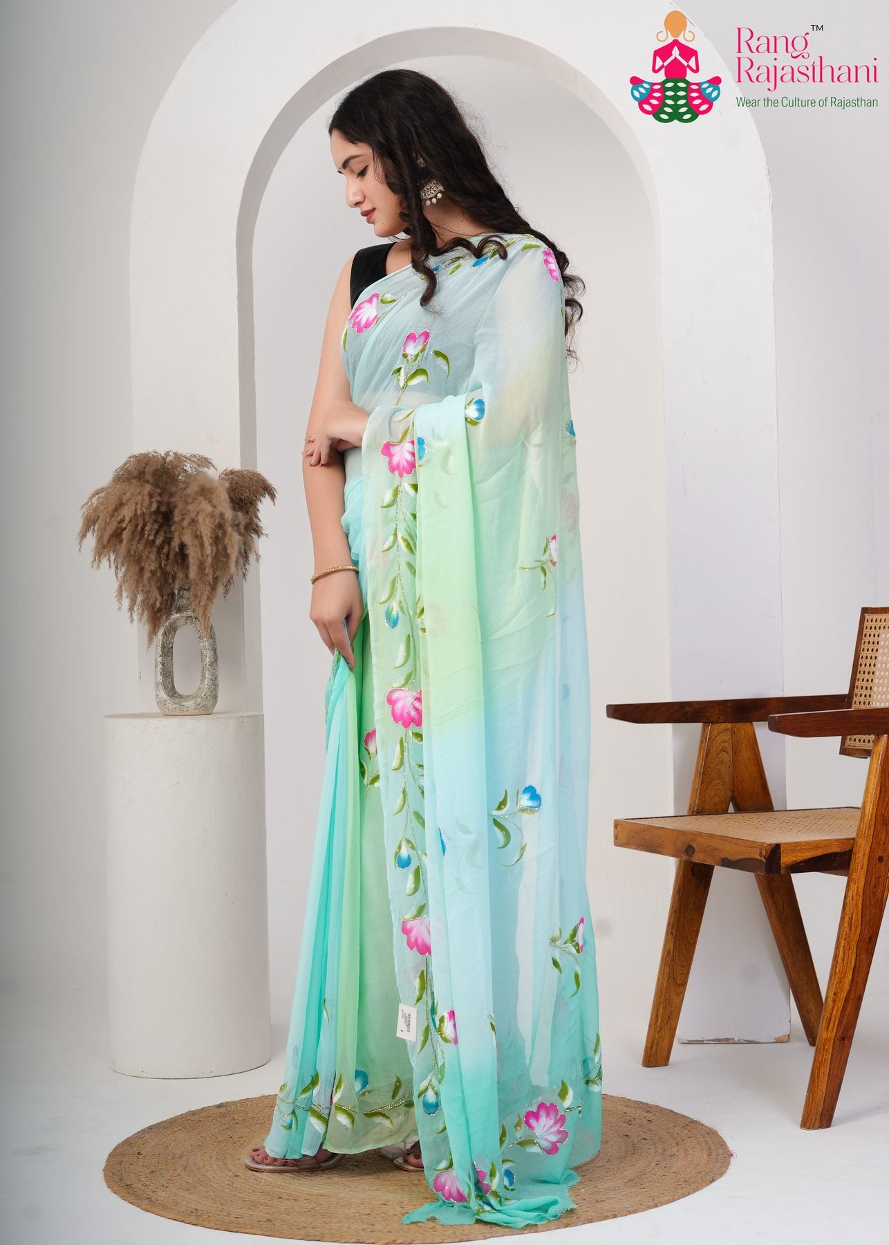 Pastel Chiffon Hand-Brush Floral Saree : Soft Bloom