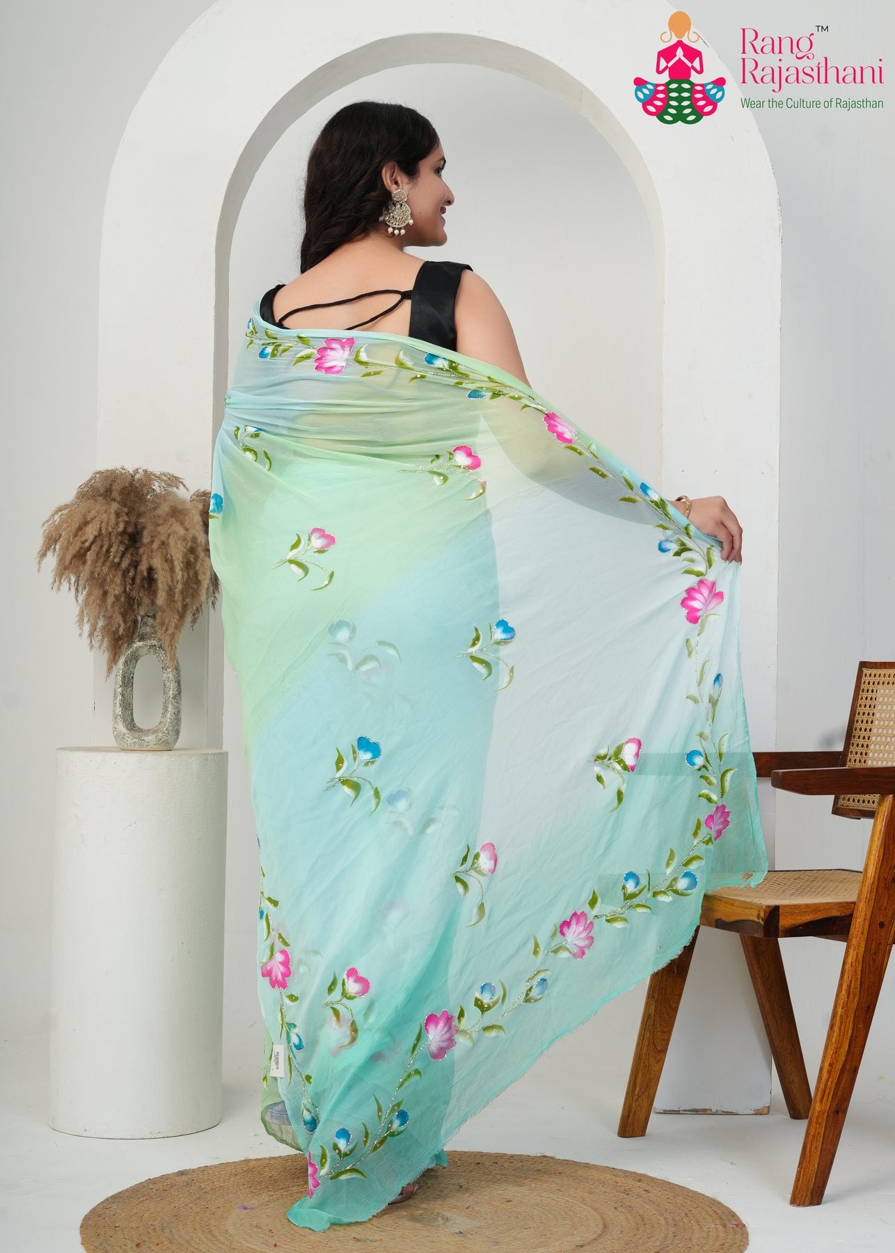 Pastel Chiffon Hand-Brush Floral Saree : Soft Bloom