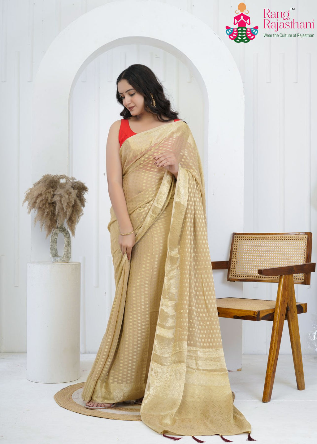 Gold Pure Georgette saree with Khaddi Work side drape view
