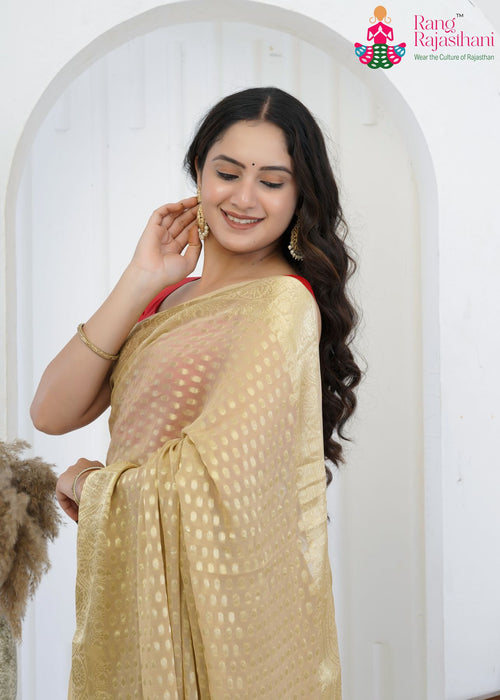 Gold Pure Georgette saree with Khaddi Work close up detailing