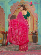 Rani Pure Chiffon saree with Bandhani and Zari Work Border side drape view
