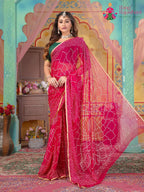 Rani Pure Chiffon Traditional Puja saree with Bandhani and Zari Work Border from Rang Rajasthani