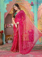 Rani Pure Chiffon saree with Bandhani and Zari Work Border back view