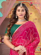 Rani Pure Chiffon saree with Bandhani and Zari Work Border close up detailing