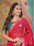 Red Pure Georgette saree with Gottapatti Work close up detailing