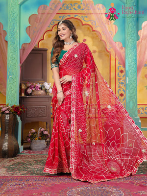 Red Soft Georgette Hand Tie Dye Bandhani Chunri Saree for Mayra Ceremony | Heritage Weave