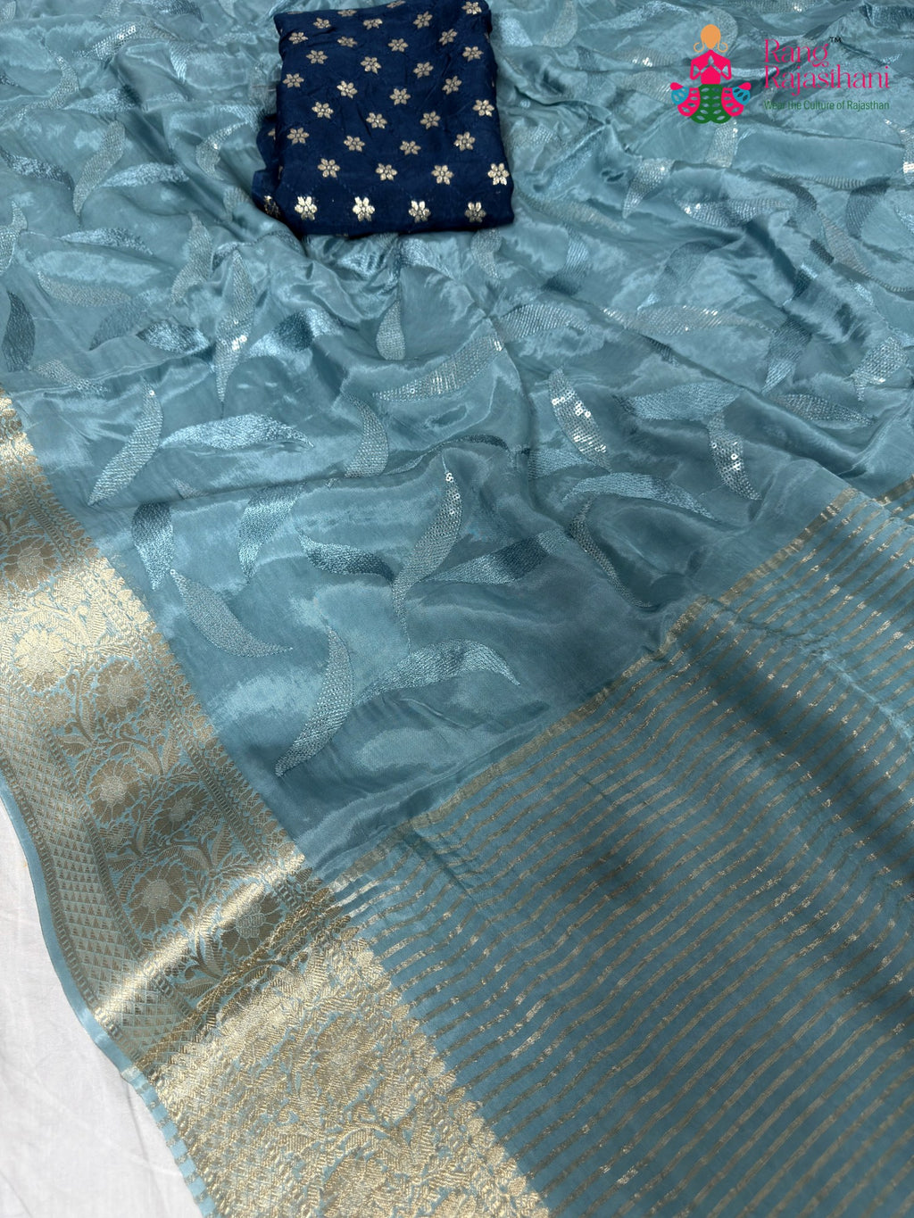 work detailing of lightweight firozi silk saree