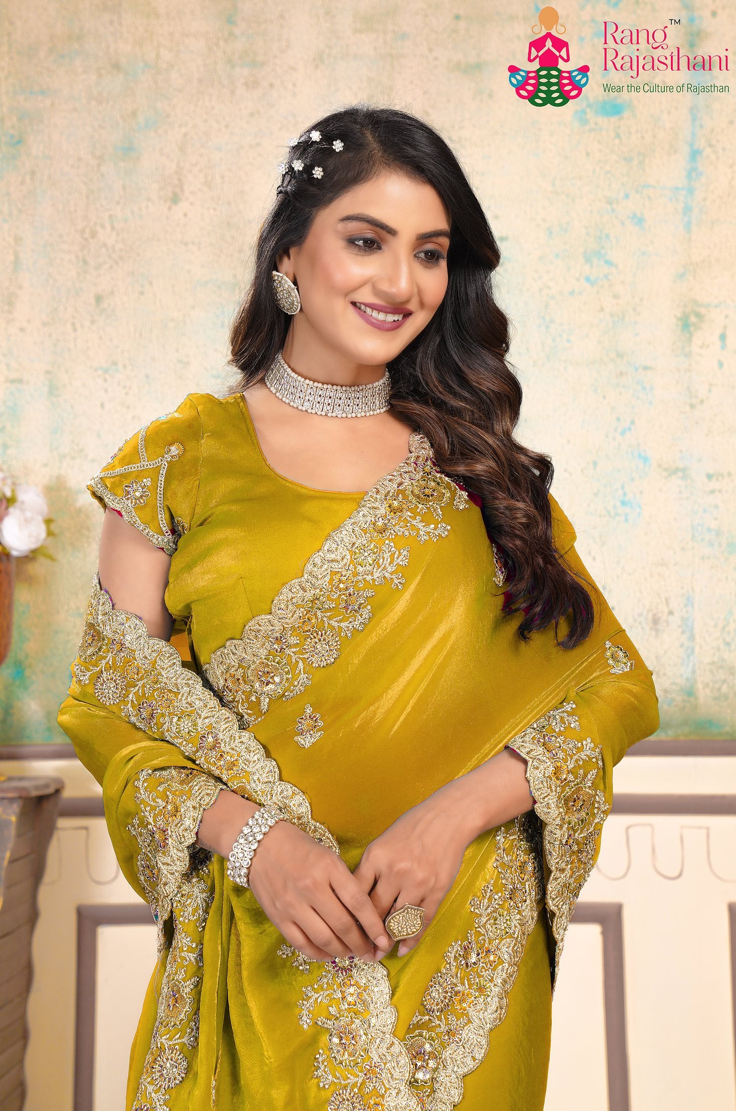 complete look of lightweight yellow chiffon saree 