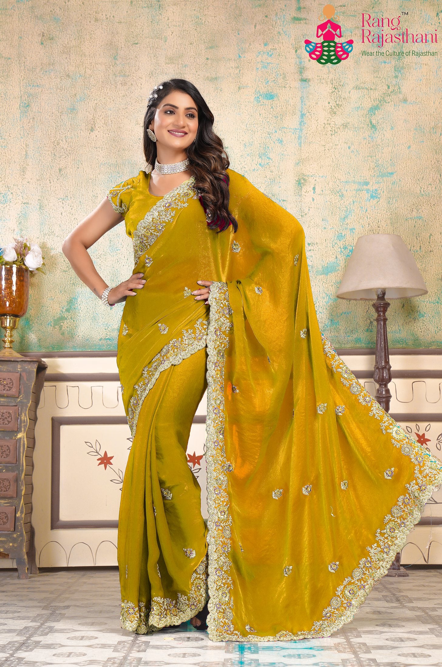lightweight yellow chiffon saree  for haldi ceremony by Rang Rajasthani