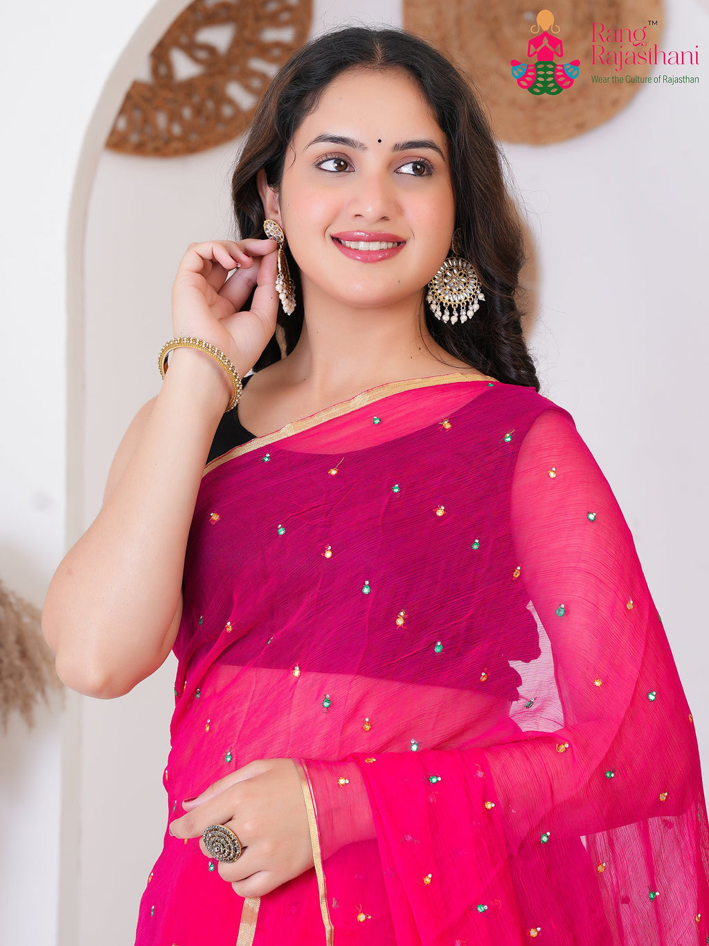 Rani PureChiffon saree with Mirror close up detailing