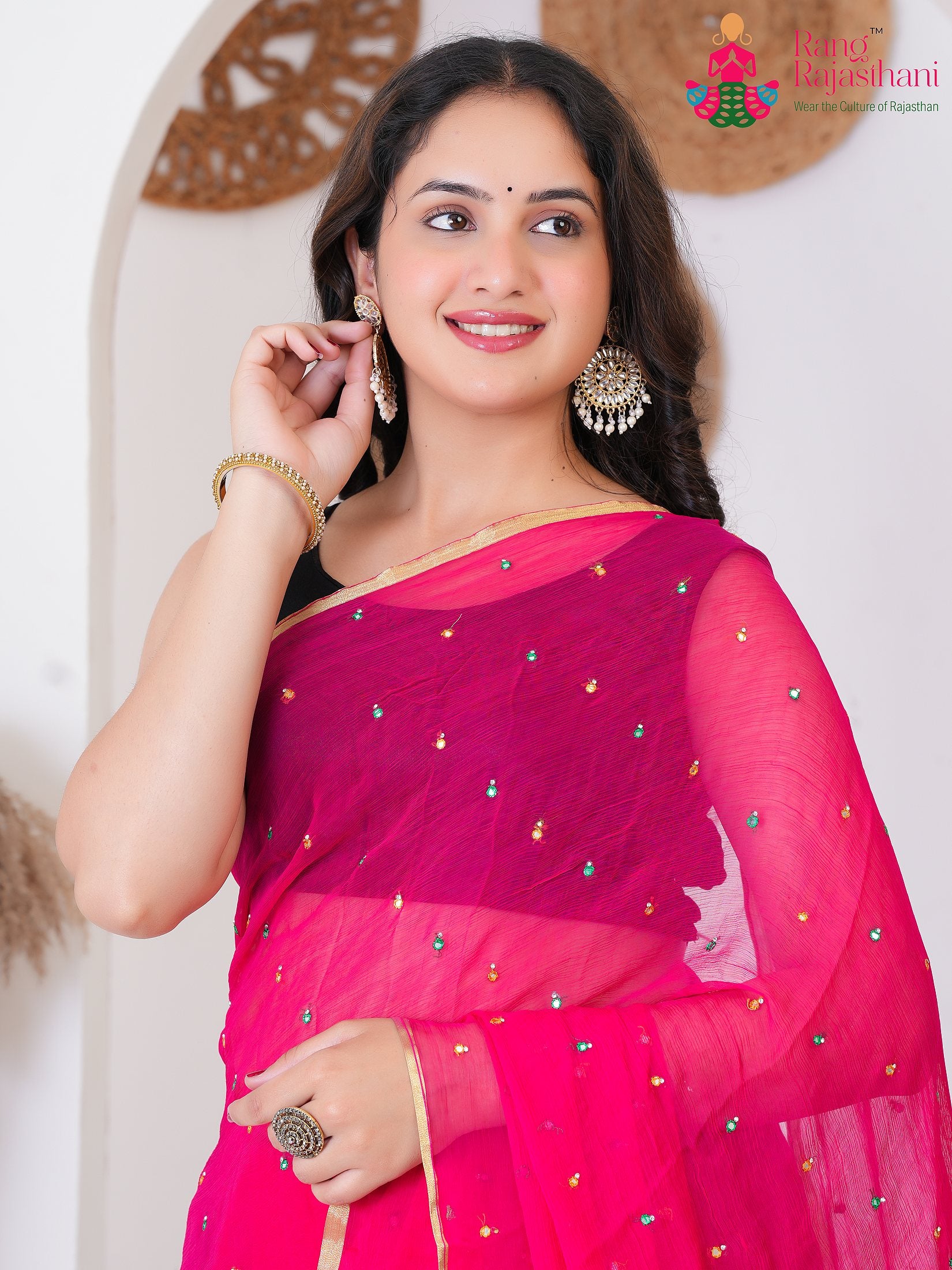 Rani PureChiffon saree with Mirror close up detailing