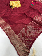 close up detailing of maroon chinnon jacquard weave saree