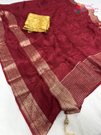 complete look of maroon chinnon jacquard weave saree