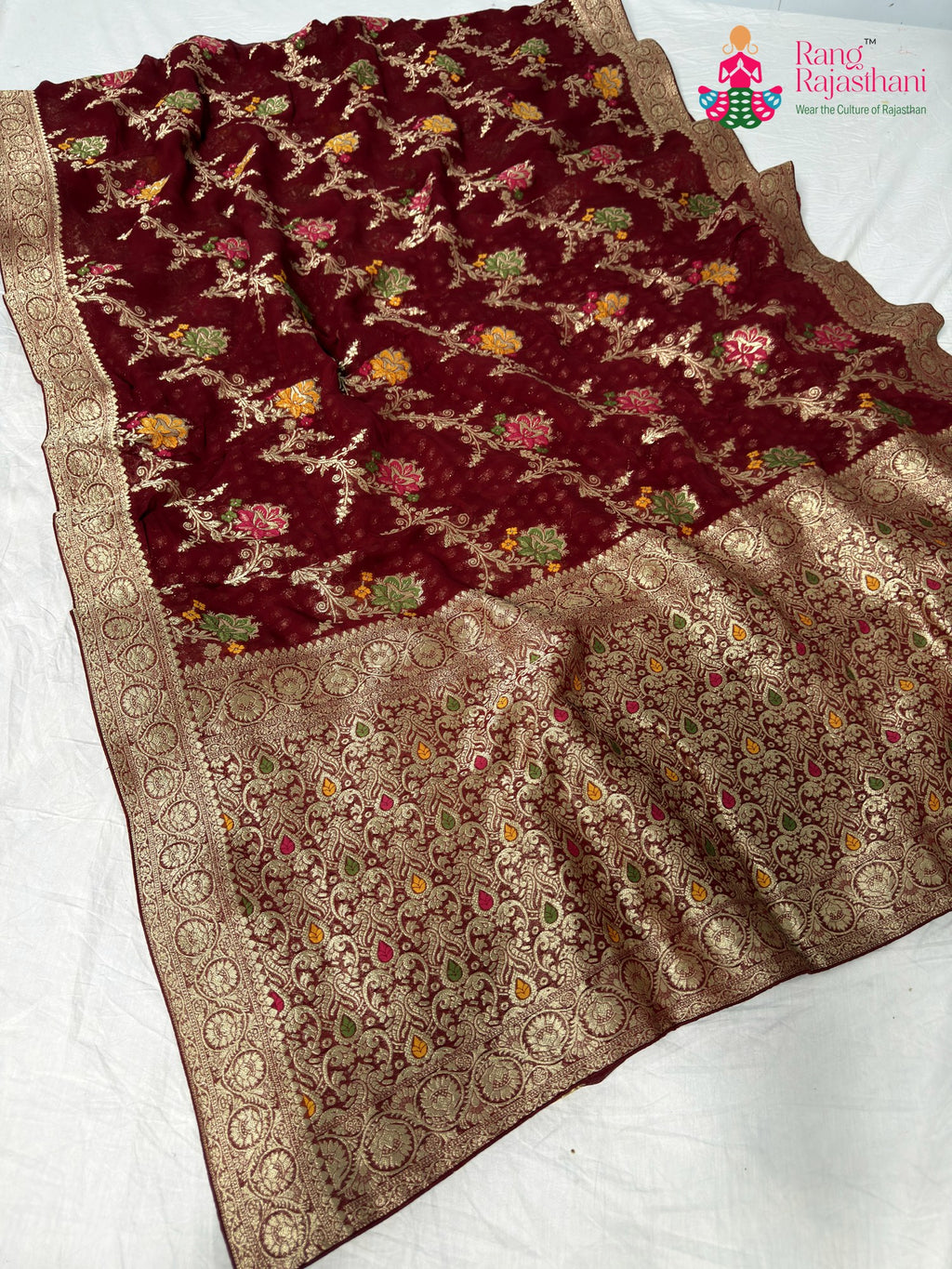 maroon soft georgette meenakari zari saree by Rang Rajasthani