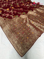 pallu detailing of maroon soft georgette meenakari zari saree