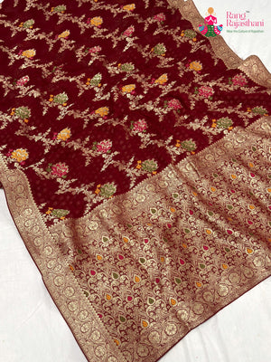 Maroon Soft Georgette Meenakari Zari Saree for Wedding Reception | Shop Now