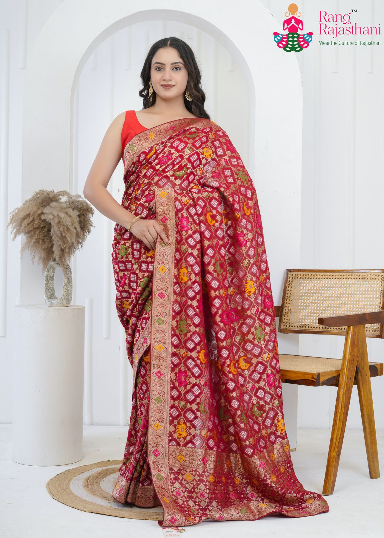 Mahroon Khaddi Georgette Bandhani Saree : Meenakari Tradition Glow