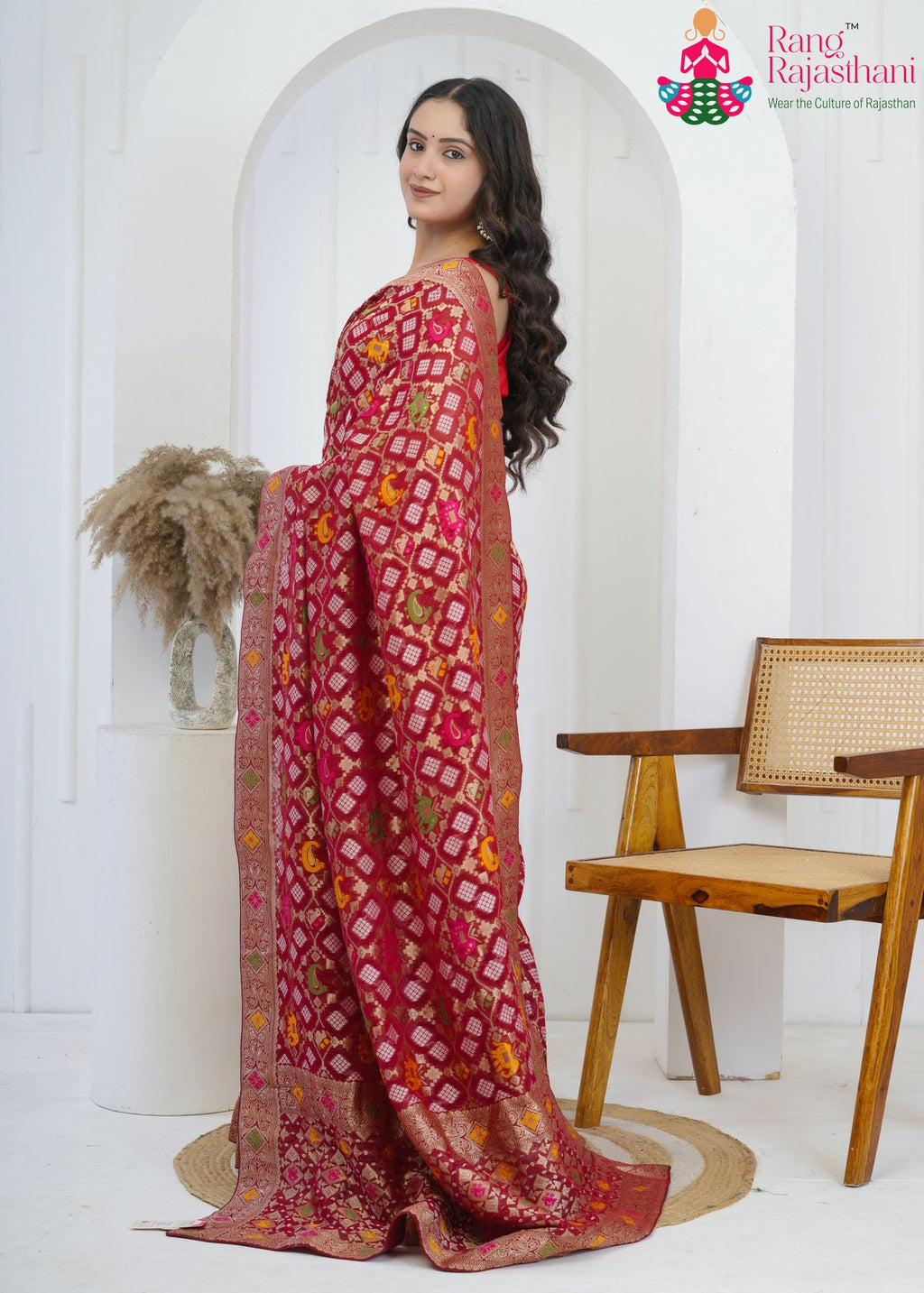 Mahroon Pure Georgette saree with Khaddi Work side drape view