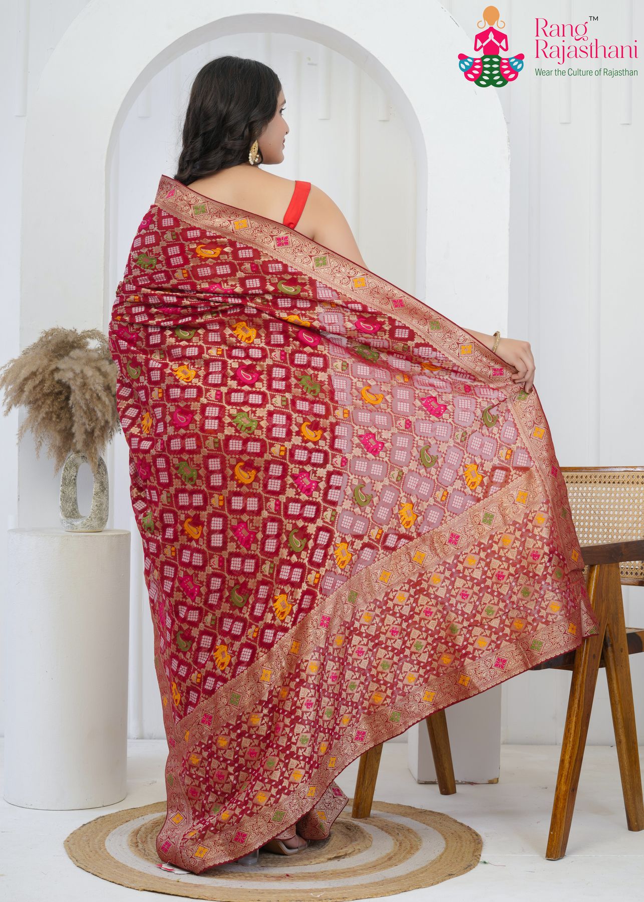 Mahroon Khaddi Georgette Bandhani Saree : Meenakari Tradition Glow