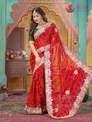 Red Soft Georgette Bandhani Print Chunri Saree for Mayra Ceremony | Luxury Edit