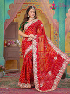 Red Pure Georgette saree with Gottapatti Handwork side drape view
