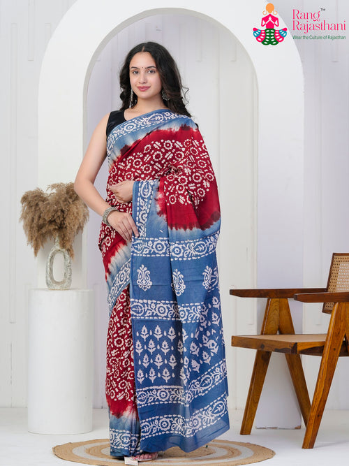 Maroon Blue Pure Cotton Block Print Saree : Everyday Comfort Craft