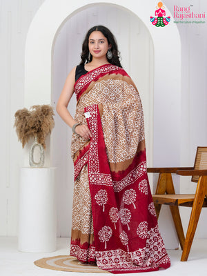 Beige Cotton Block Print Saree for Daily | Traditional Edit